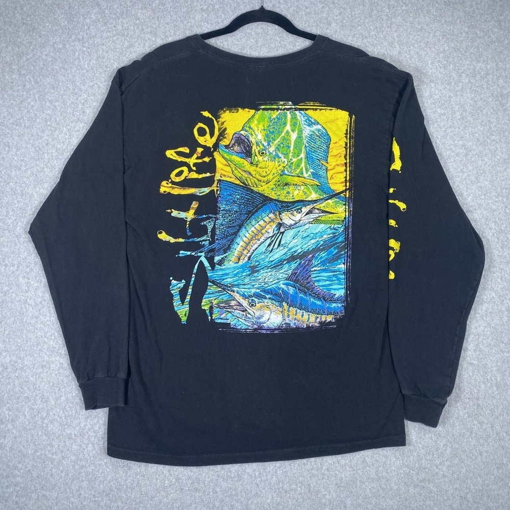 Salt Life Long Sleeve T-Shirt Mens Large Black Graphic Fish Pocket Tee